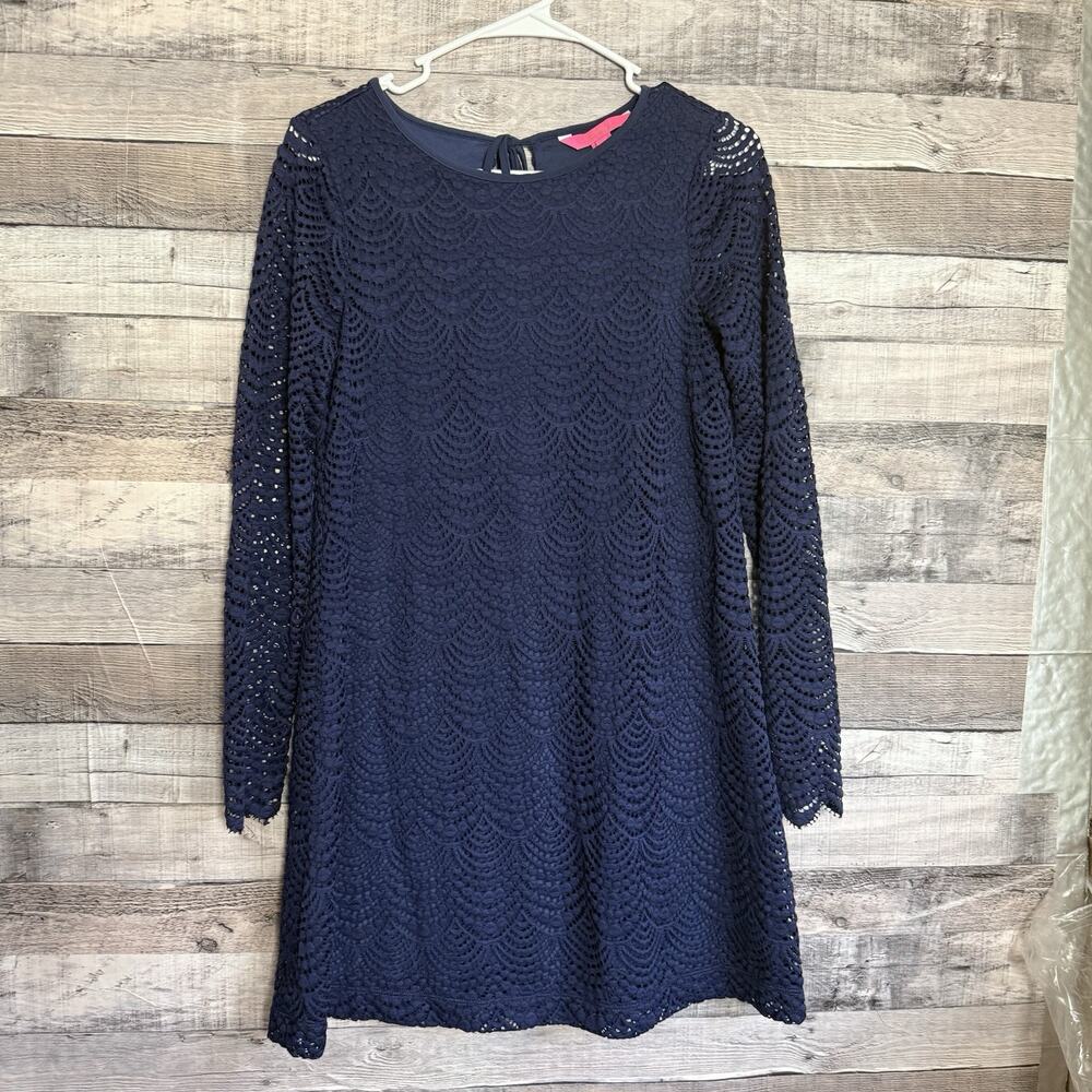 Lilly Pulitzer Ophelia Scalloped Lace Swing Dress Navy LS Tassel Tie Preppy XS